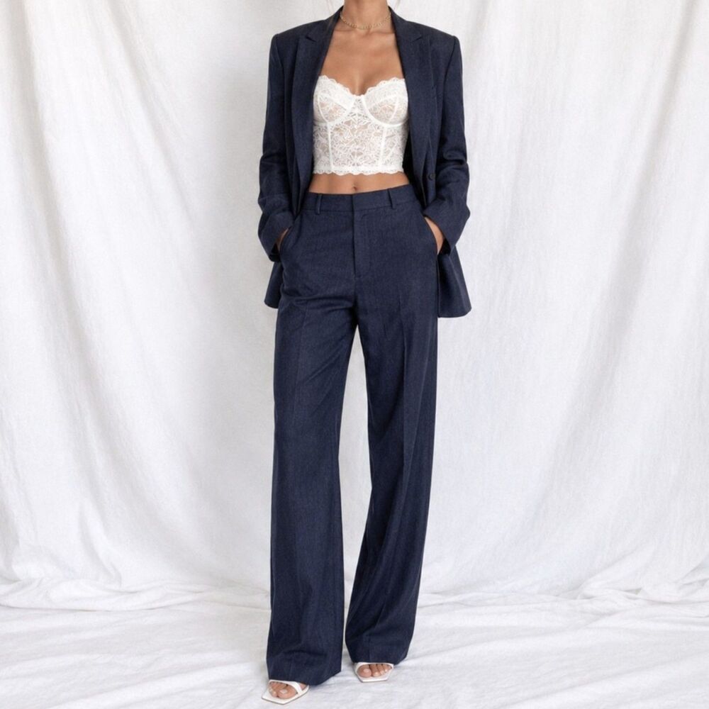 Vintage Y2K Navy Blue Padded Shoulder Blazer Straight Leg Pants Suit Set Size M